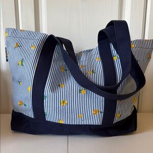 New - J. Crew Navy Striped Tote with Yellow Lemon Accents